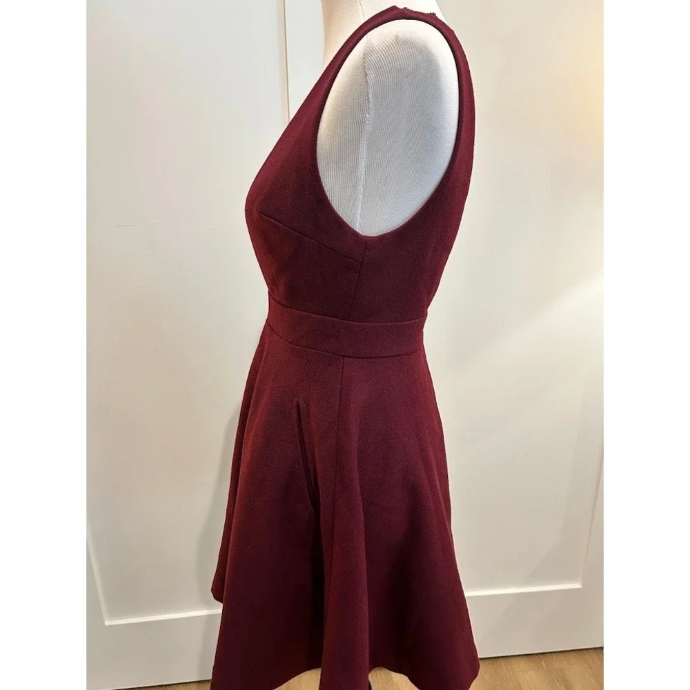 Burgundy Plunge V‎ Neck Lace Trim Wool Dress Women's Schoolgirl Anime
